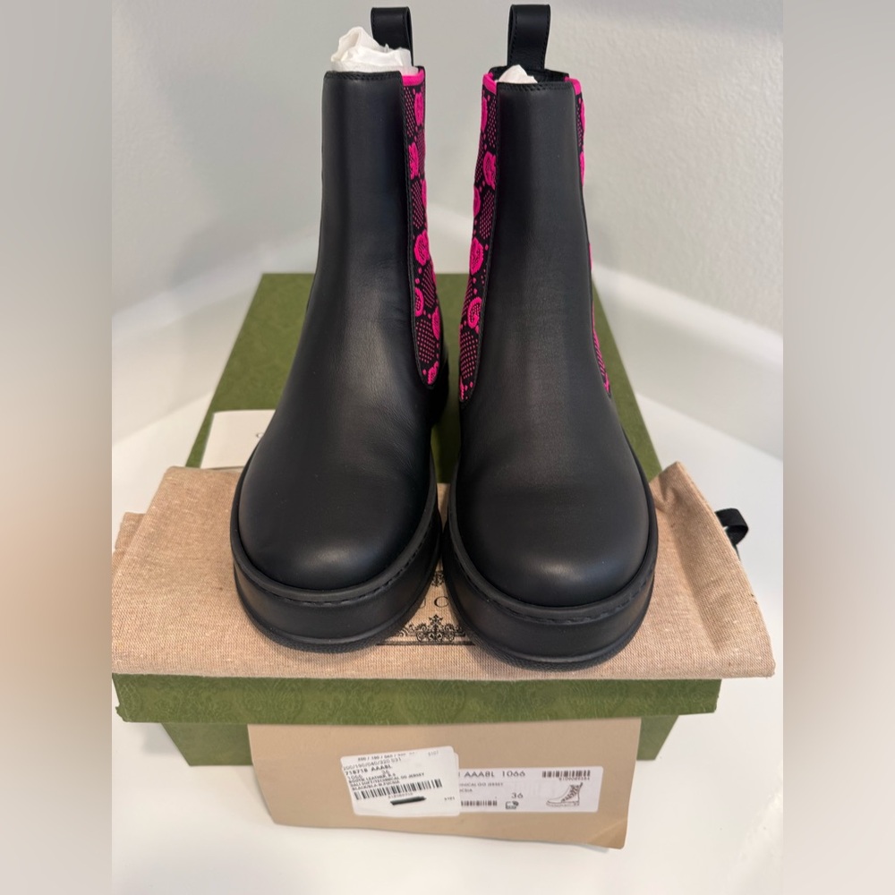 Gucci Dali Soft GG Pink Supreme Technical Jersey Marmont Ankle Boots, Sz 36 NWB - Picture 7 of 14